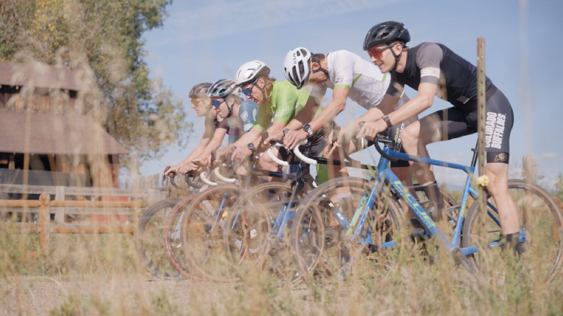 A group of gravel cyclists line up during a training session