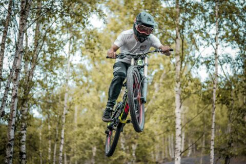 Mountain biking in a forest
