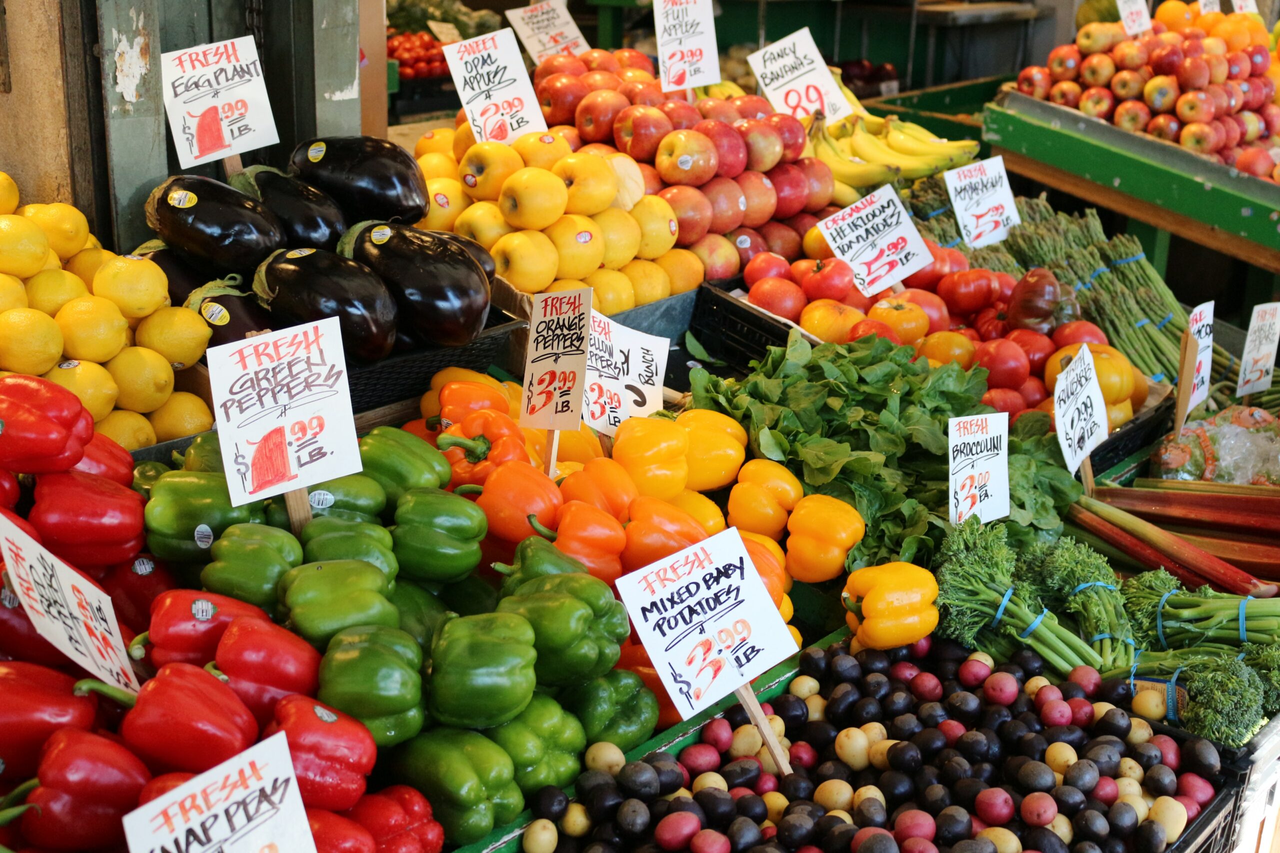 Produce items in farmers market for nutrition and wellness