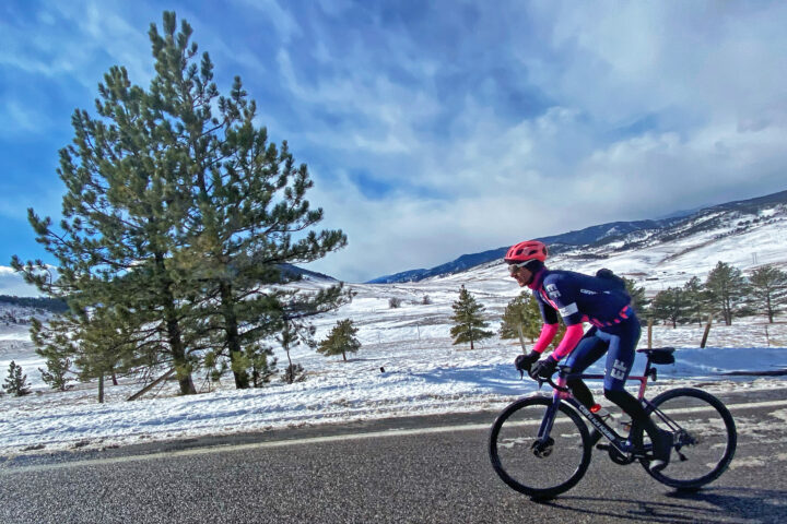 Lachlan Morton riding in the snow