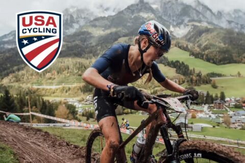 Brendan Quirk CEU of USA Cycling racing a muddy mountain bike