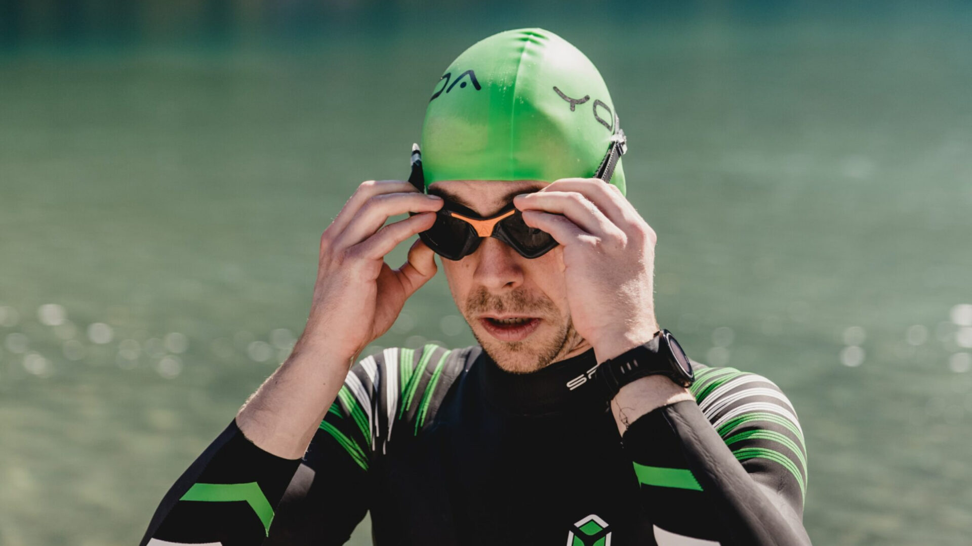 Triathlete before an open-water swim