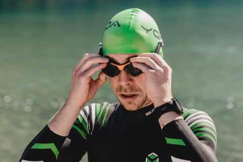 Triathlete before an open-water swim