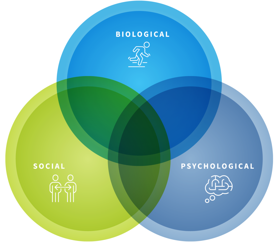 The biopsychosocial approach: a venn diagram shows biological, psychological, and social aspects of human health and performance