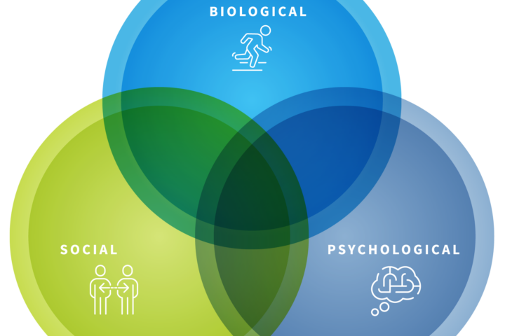 Venn diagram showing biological, psychological, and social aspects of human health and performance
