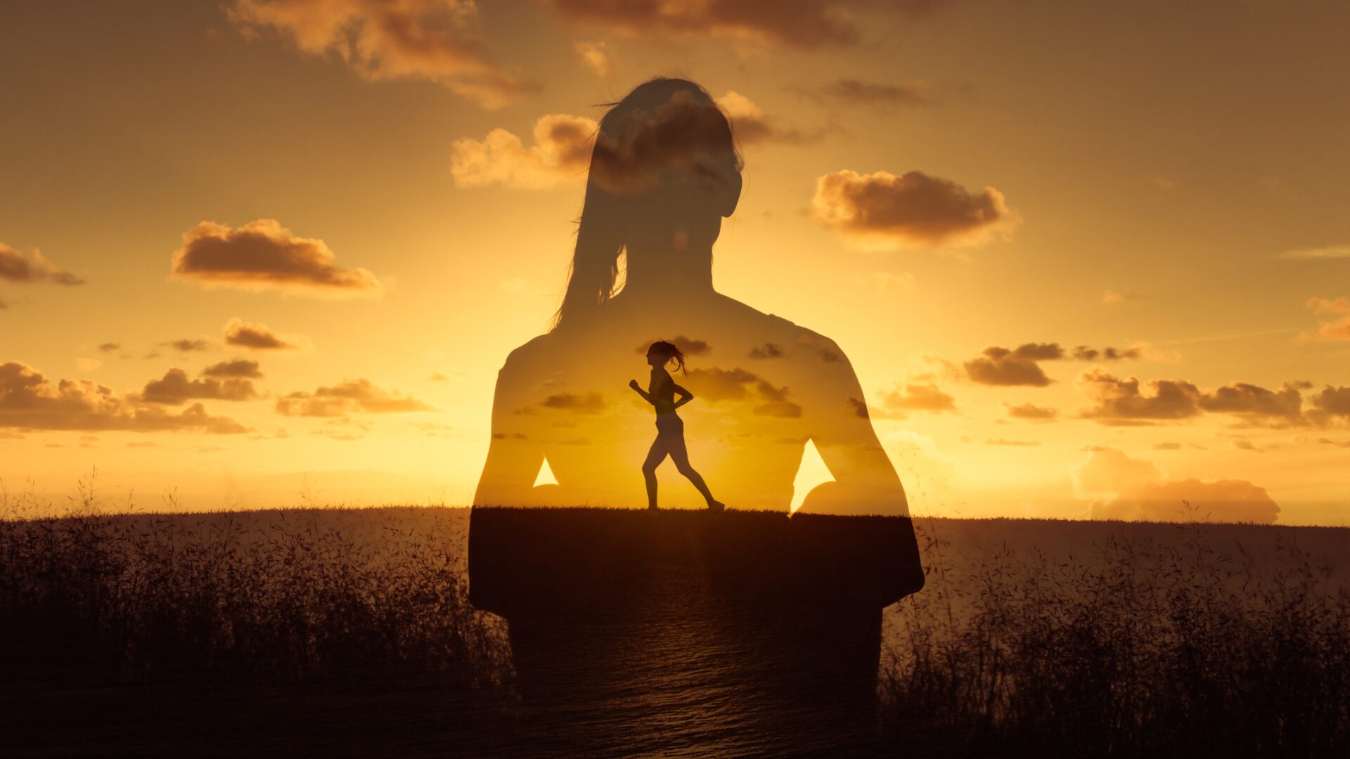 Composite image of a woman running at sunset through a silhouette of her sitting