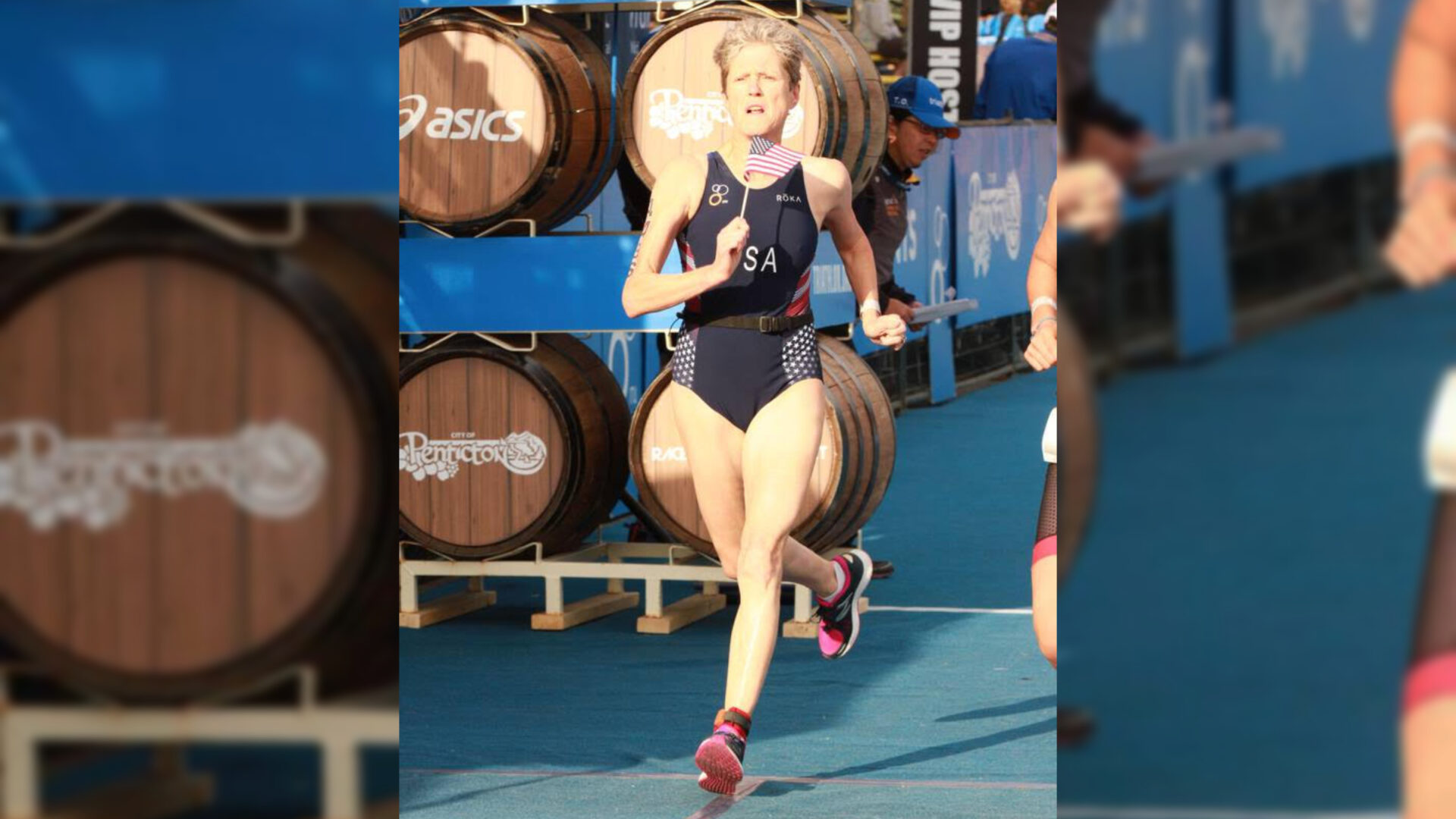 Masters athlete Cathy Utzschneider competing at an aquathlon event