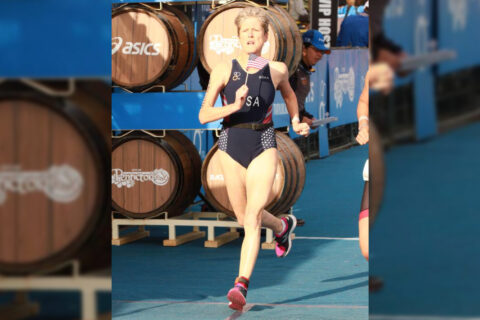 Masters athlete Cathy Utzschneider competing at an aquathlon event