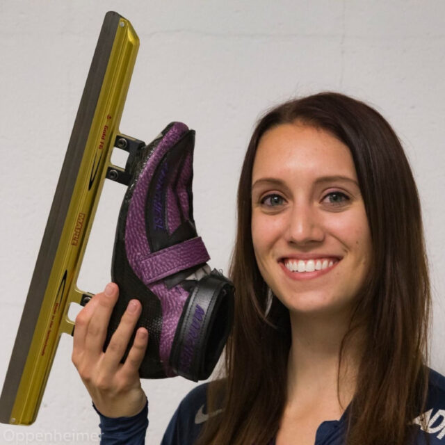 Andrea Dehnke holding a short track speed skate