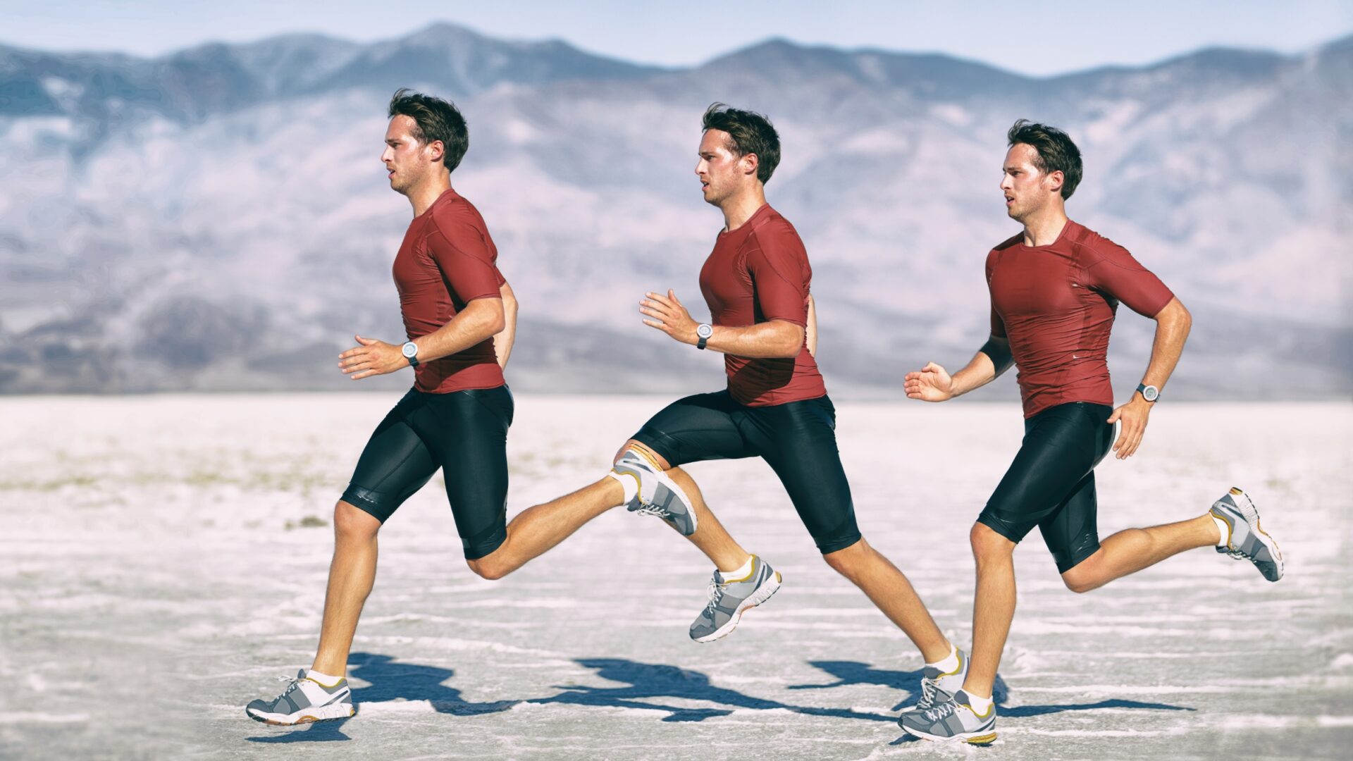 Composite image of 3 different points of a man running across salt flats