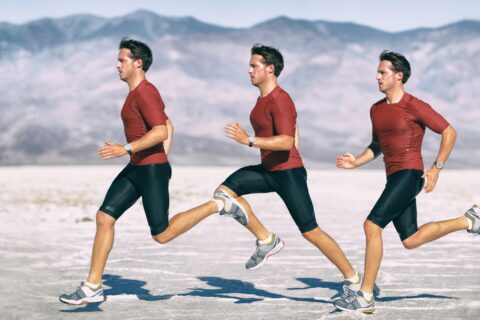 Composite image of 3 different points of a man running across salt flats