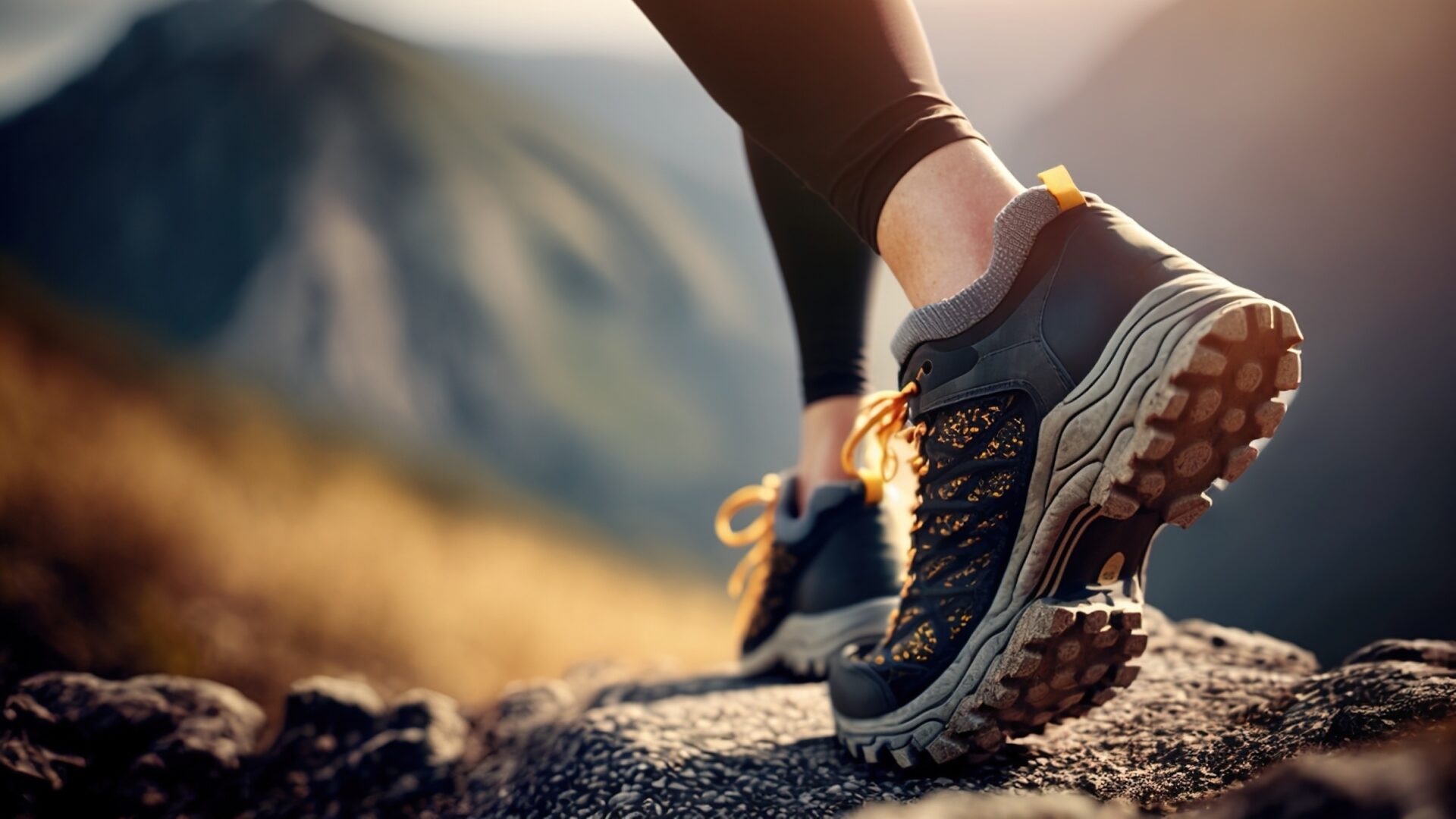 Closeup of an ultrarunner's shoe as they trek through the mountains