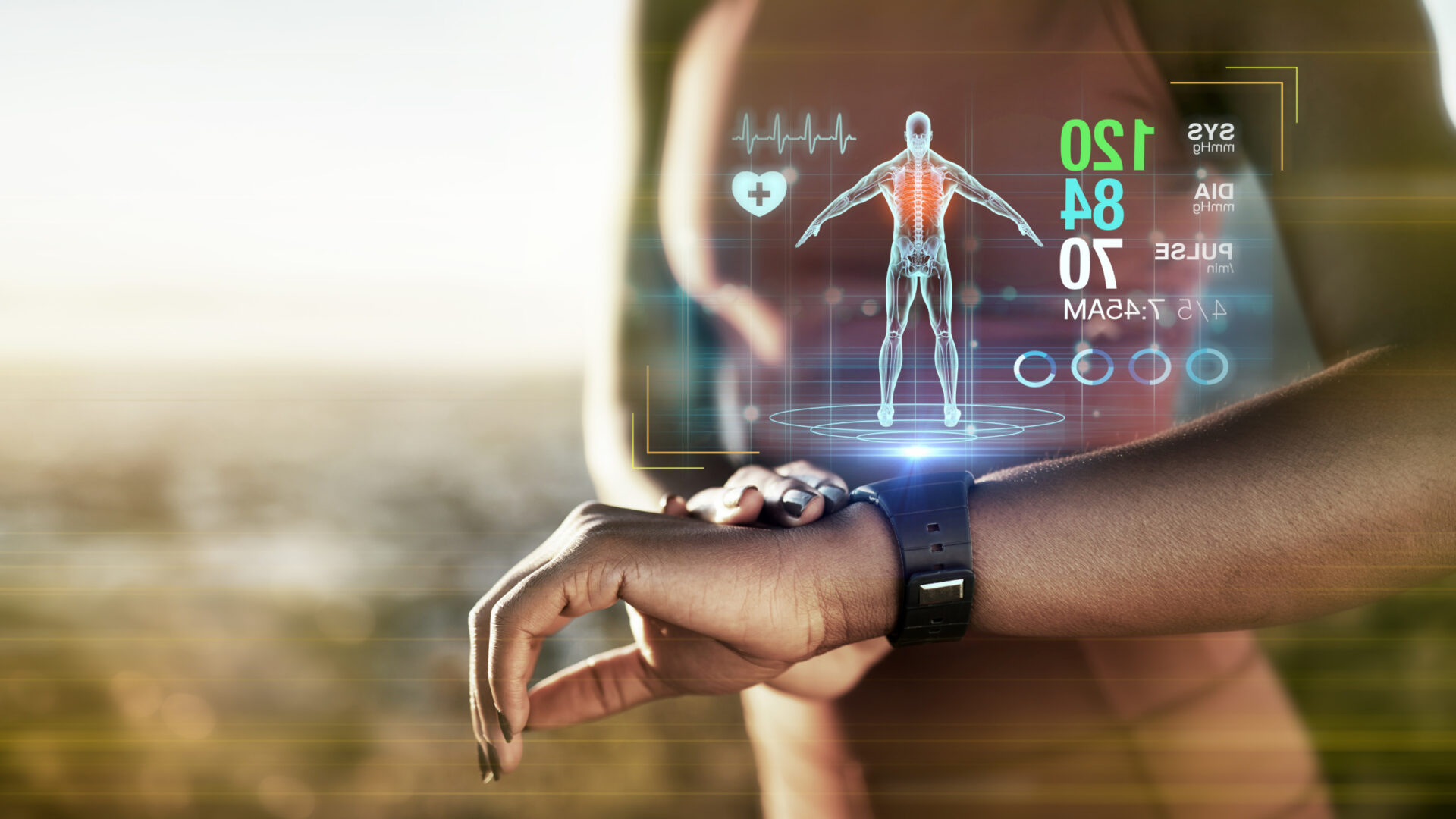 Close up of a female athlete looking at vital stats as a hologram on her fitness watch