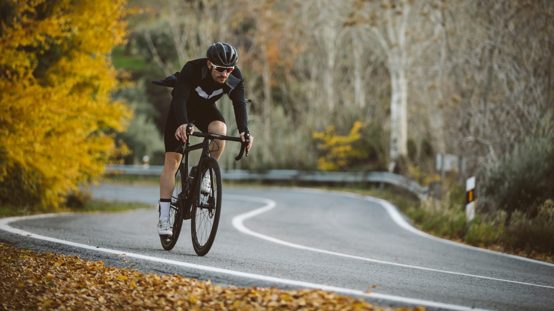 A cyclist riding along a tree-lined road on a fall day