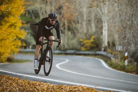 A cyclist riding along a tree-lined road on a fall day