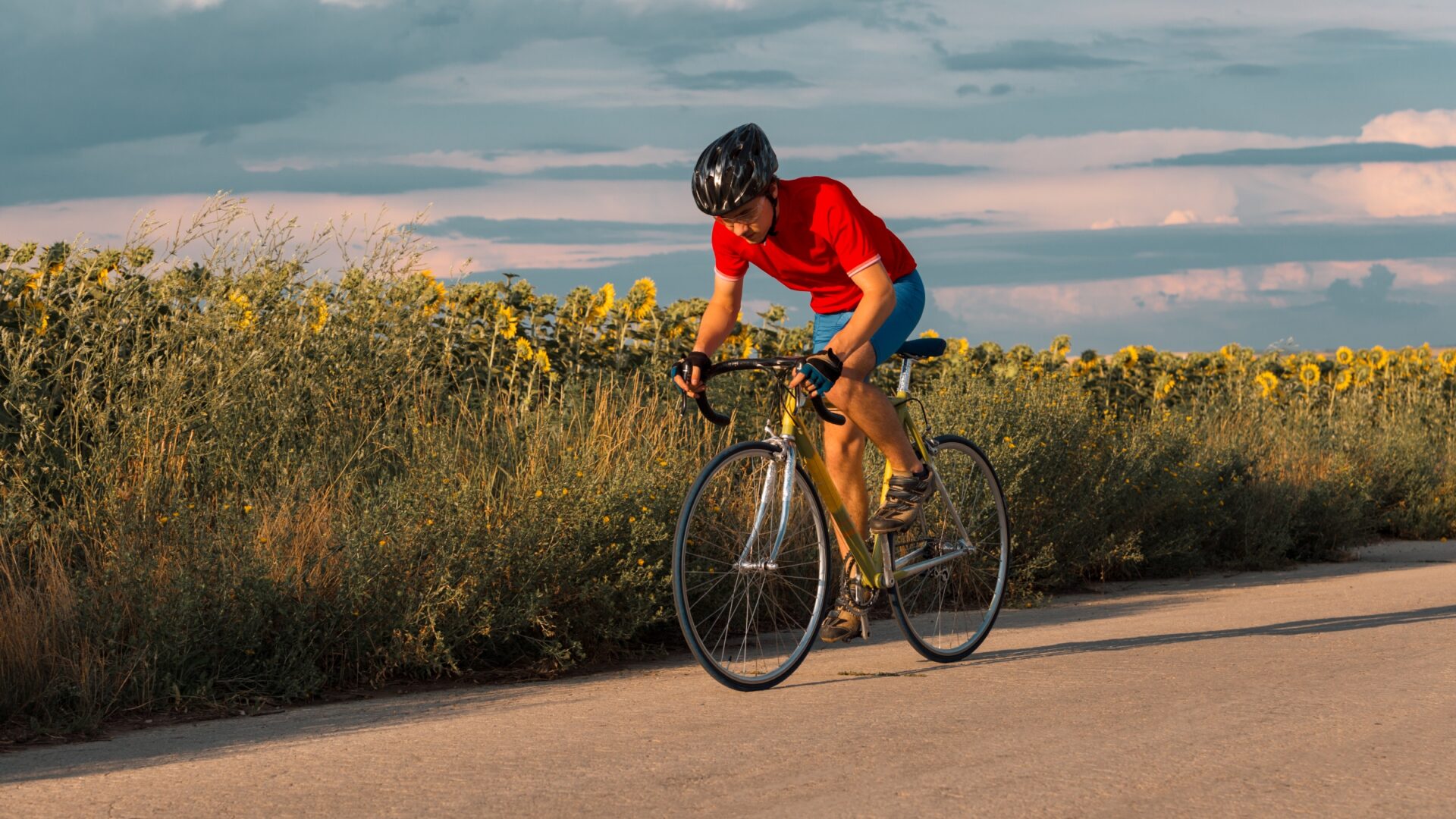 Man sprinting on his bike past a field of sunflowers